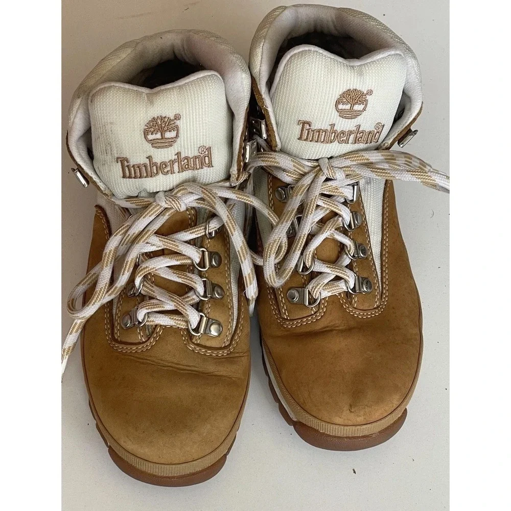 Timberland Euro Hiker Boots Mens 8.5M Khaki White Leather Canvas